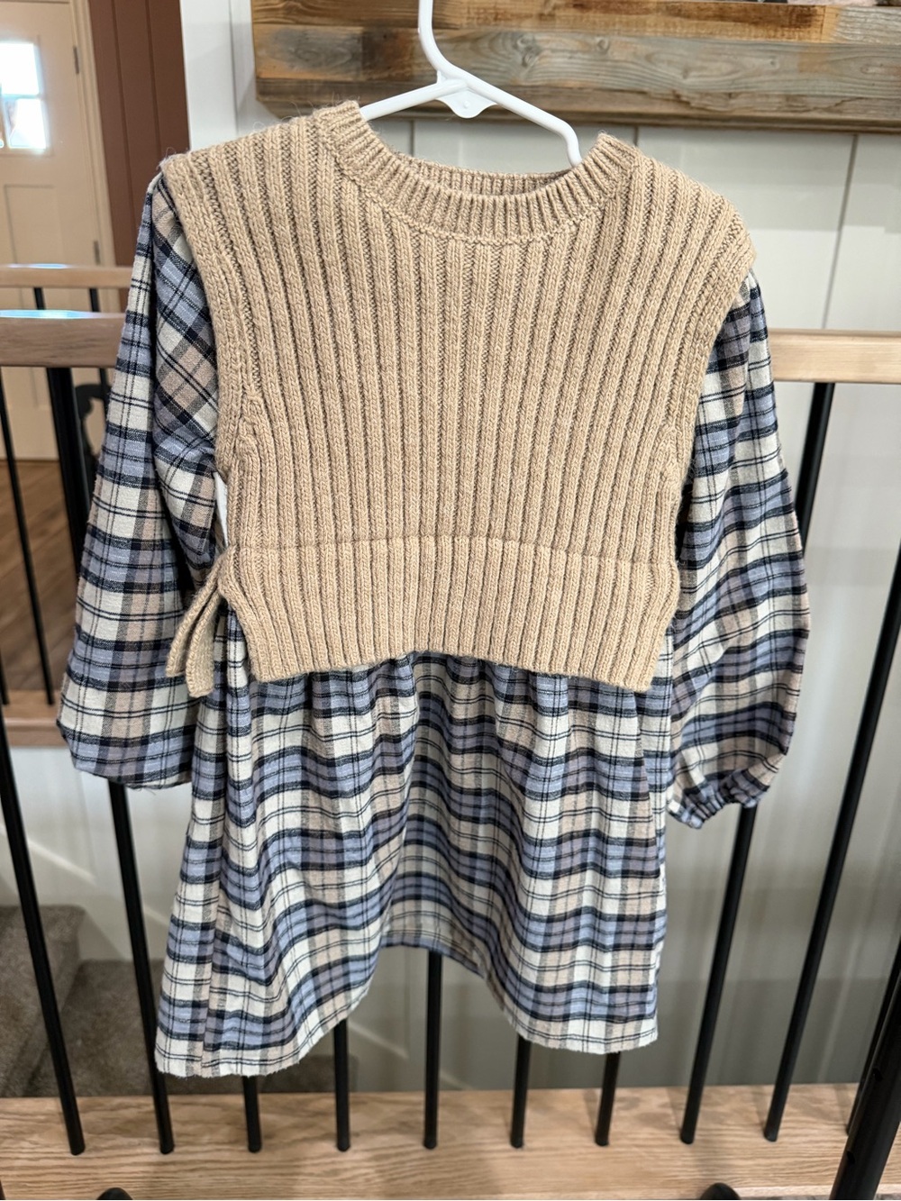 Zara Cream Knit Vest over Blue & White Plaid Dress